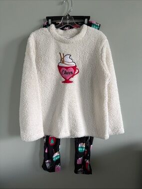 Holiday Time Cream Sherpa Top with Red Cup Patch and Black Holiday Print Pants